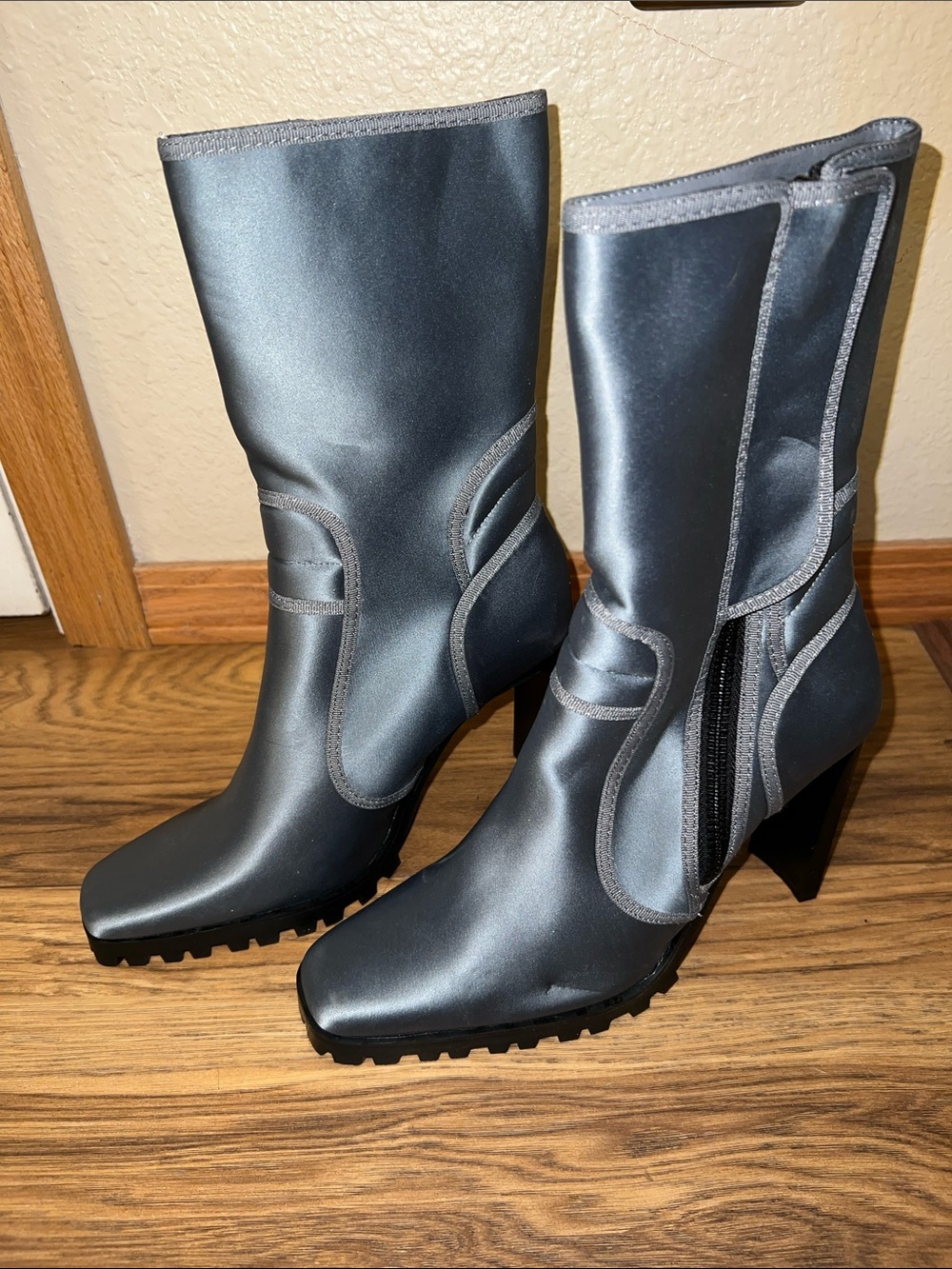 Women's Mid-Calf Metallic Gray Heeled Boots